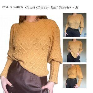 Camel Chevron Knit Sweater - Favlux Fashion Poofy Sleeve Crewneck - M